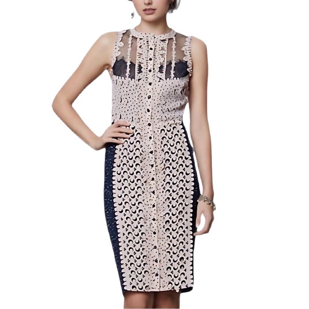 Anthropologie Beguile Byron Lars Laser Cut Midi Black Cream Sheath Dress ~ Sz 6 - Picture 16 of 16
